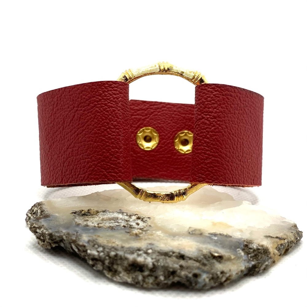 Red Lava Leather Cuff w Gold Ring